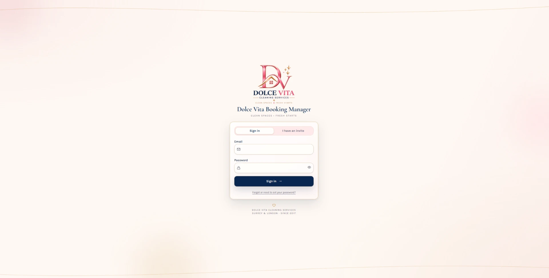 Secure sign-in screen for the Dolce Vita Booking Manager business application