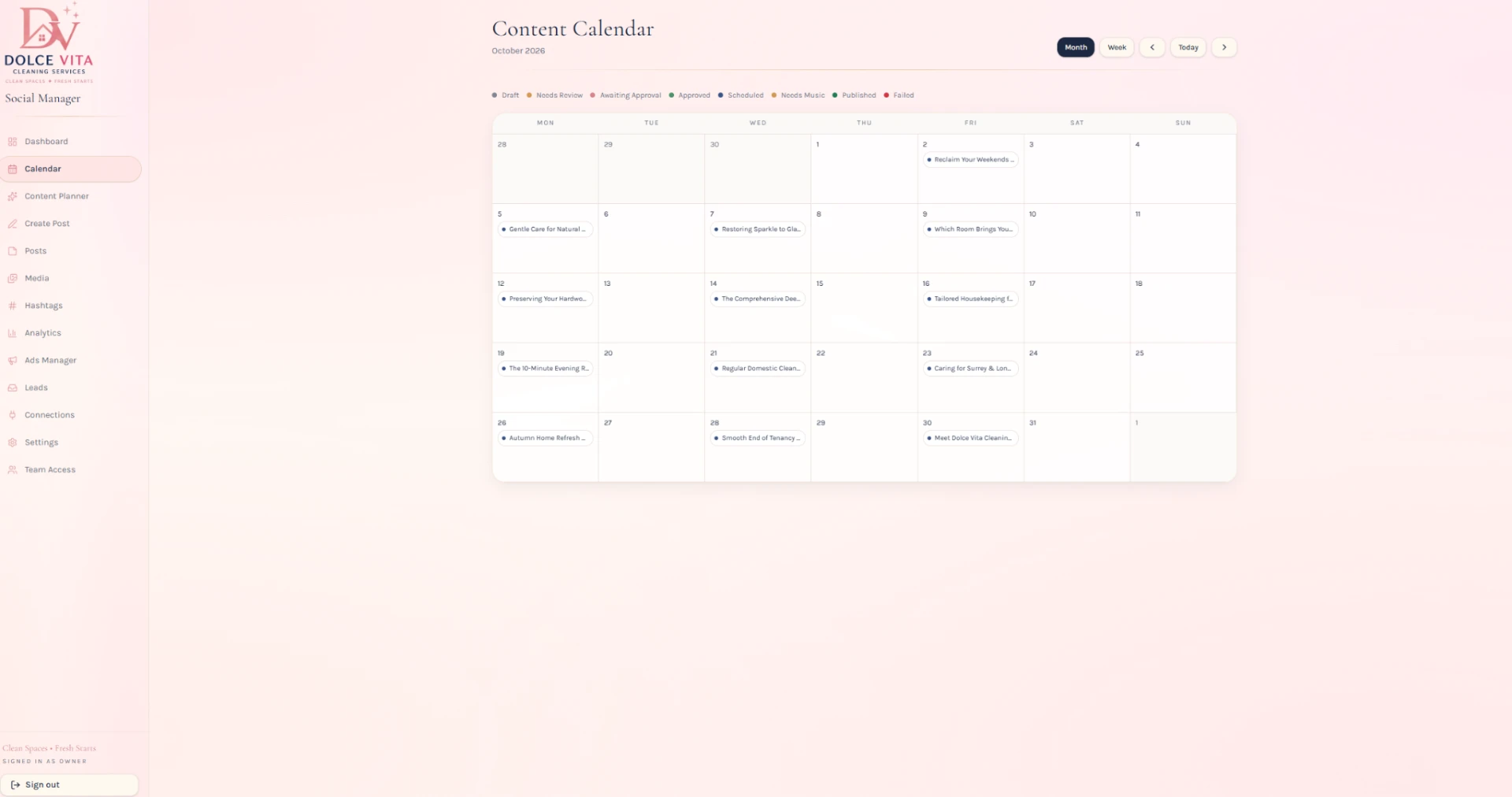 Dolce Vita social manager content calendar